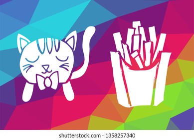 Vector Illustration of Rainbow Geometric and Polygon with Cat Animal and French Fries Food. Graphic Design in Set, Collection, Template, Layout and Background.