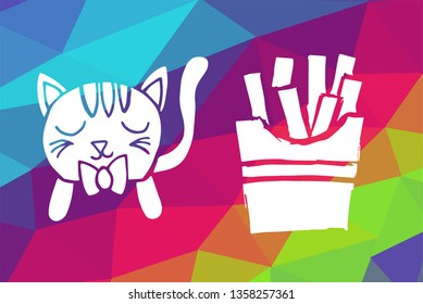 Vector Illustration of Rainbow Geometric and Polygon with Cat Animal and French Fries Food. Graphic Design in Set, Collection, Template, Layout and Background.