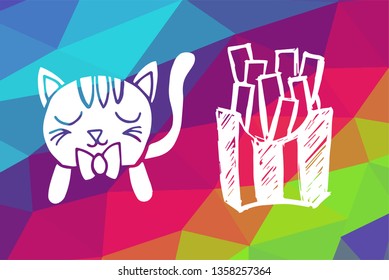 Vector Illustration of Rainbow Geometric and Polygon with Cat Animal and French Fries Food. Graphic Design in Set, Collection, Template, Layout and Background.