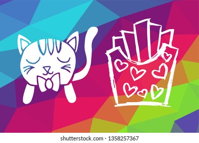 Vector Illustration of Rainbow Geometric and Polygon with Cat Animal and French Fries Food. Graphic Design in Set, Collection, Template, Layout and Background.