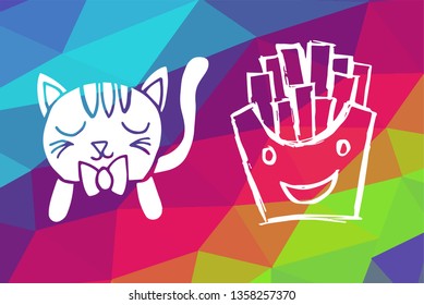 Vector Illustration of Rainbow Geometric and Polygon with Cat Animal and French Fries Food. Graphic Design in Set, Collection, Template, Layout and Background.