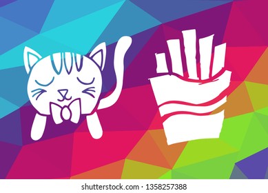 Vector Illustration of Rainbow Geometric and Polygon with Cat Animal and French Fries Food. Graphic Design in Set, Collection, Template, Layout and Background.