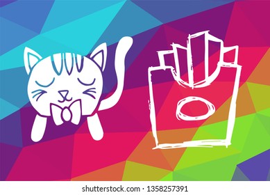 Vector Illustration of Rainbow Geometric and Polygon with Cat Animal and French Fries Food. Graphic Design in Set, Collection, Template, Layout and Background.