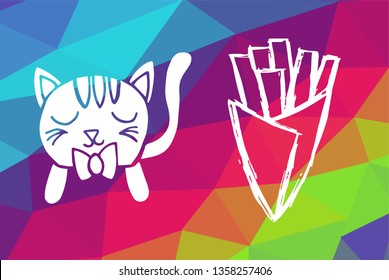 Vector Illustration of Rainbow Geometric and Polygon with Cat Animal and French Fries Food. Graphic Design in Set, Collection, Template, Layout and Background.