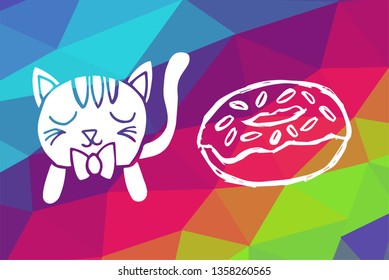Vector Illustration of Rainbow Geometric and Polygon with Cat Animal and Donut Food. Graphic Design in Set, Collection, Template, Layout and Background.