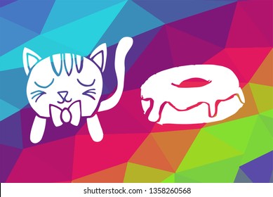 Vector Illustration of Rainbow Geometric and Polygon with Cat Animal and Donut Food. Graphic Design in Set, Collection, Template, Layout and Background.