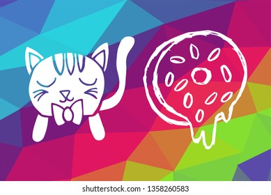 Vector Illustration of Rainbow Geometric and Polygon with Cat Animal and Donut Food. Graphic Design in Set, Collection, Template, Layout and Background.