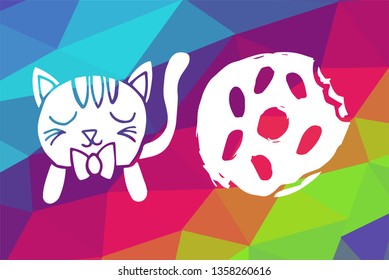 Vector Illustration of Rainbow Geometric and Polygon with Cat Animal and Donut Food. Graphic Design in Set, Collection, Template, Layout and Background.