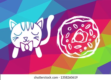 Vector Illustration of Rainbow Geometric and Polygon with Cat Animal and Donut Food. Graphic Design in Set, Collection, Template, Layout and Background.