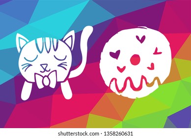Vector Illustration of Rainbow Geometric and Polygon with Cat Animal and Donut Food. Graphic Design in Set, Collection, Template, Layout and Background.