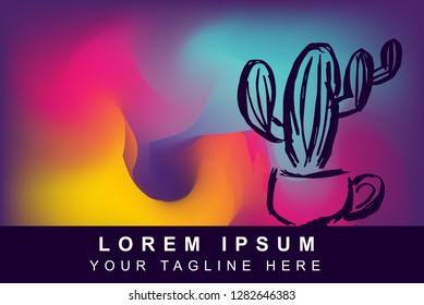 Vector Illustration of Rainbow Gradient Background with Hand Drawn Cactus Icon