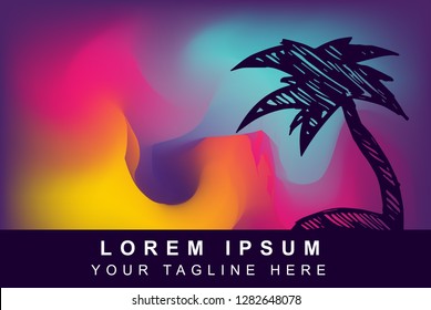 Vector Illustration of Rainbow Gradient Background with Hand Drawn Palm Tree Icon
