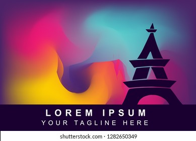 Vector Illustration of Rainbow Gradient Background with Hand Drawn Paris Eiffel Tower Icon