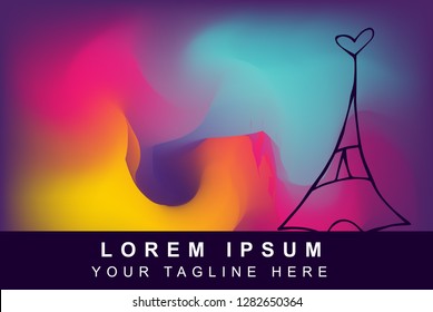 Vector Illustration of Rainbow Gradient Background with Hand Drawn Paris Eiffel Tower Icon
