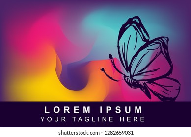 Vector Illustration of Rainbow Gradient Background with Hand Drawn Butterfly Icon