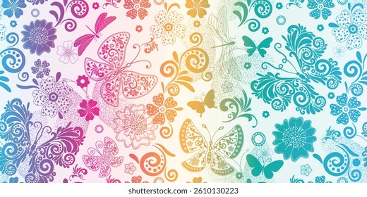 Vector illustration of rainbow gradient seamless floral pattern. Floral organic background with flowers and butterflies on white. For textile, wallpaper and packaging
