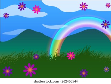 Vector illustration. Rainbow, grass and flowers.