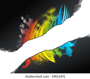 Vector illustration of a rainbow grunge halftone design with a white scribble stripe for custom elements.