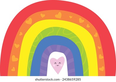 Vector Illustration of rainbow hand drawing. Kids doodle style with pink smiling girl. Finger paint design. Fun summer weather. Picture for printable worksheets. Toddler play dough mat game. Colorful 