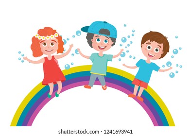 Vector illustration of rainbow happy children