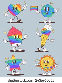 Vector illustration. Rainbow heart, cupcake, cone, planet, star and smiling sun form a radiant group of cartoon Pride characters, full of movement and fun. Concept of celebration, pride month, love
