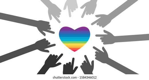 vector illustration with rainbow heart and pointing fingers for LGBTQ community problems manifestation