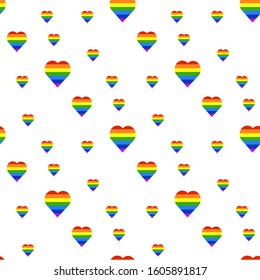 Vector illustration of rainbow hearts on a white artistic background. Seamless festive.