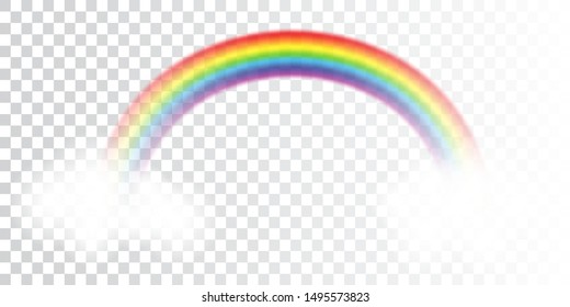 Vector illustration. Rainbow isolated on white with transparency at the ends. Rainbow Arch. Realistic white clouds on the edges. Color overlay