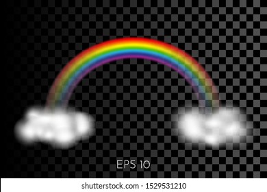 Vector illustration. Rainbow isolated on dark with transparency at the ends. Rainbow Arch. Realistic white clouds on the edges. Color overlay