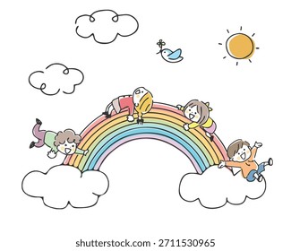 Vector illustration of a rainbow and kids.