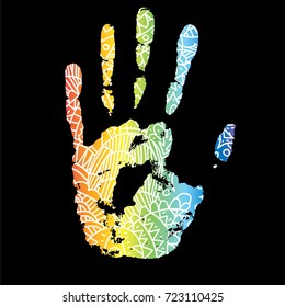 Vector illustration of rainbow lace hand print on black background. Gay pride lgbt symbol. Print design concept template
