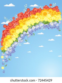vector illustration of a rainbow made up of flowers on blue sky background with fluffy white clouds in eps 10 format