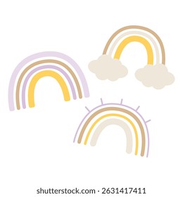 The vector illustration of the rainbow is made in soft pastel shades. One rainbow is accompanied by fluffy white clouds at the end, while the other has playful rays.