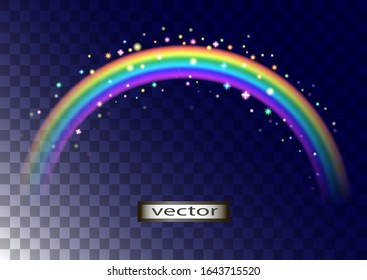 Vektorillustration-Illustration eines Regenbogens, Zaubersterne und Lichtstrahlen einzeln auf transparentem Hintergrund