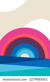 Vector illustration rainbow, ocean and clouds