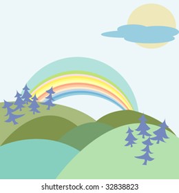 Vector illustration of a rainbow over a plain with trees.
