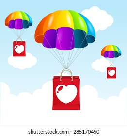 Vector illustration rainbow parachute love concept. Happy together