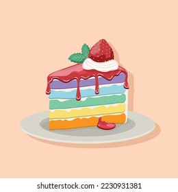 Ilustración vectorial de un trozo de tarta color arcoiris pastel con fresa y jarabe frescos sobre fondo marrón suave
