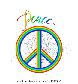Vector illustration of rainbow peace logo with grunge effect, lettering sign isolated on white. Creative hipster background about accord, reconciliation, unity, amity for web or print design