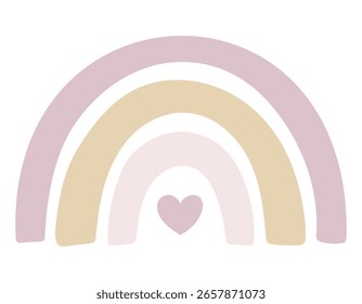 Ilustración vectorial de Rainbow en colores pastel rosa y beige con corazón. Arte de Arco para carteles de vivero o invitaciones de fiesta de recién nacidos de niñas. Dibujo para icono, logotipo o diseño infantil.