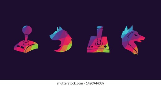 Vector Illustration of Rainbow Polygon Set Collection of Gaming Controller and Wolf Animal Icons. Graphic Design For Background, Poster, Card, Wallpaper, Decoration, Template, Logo and More.