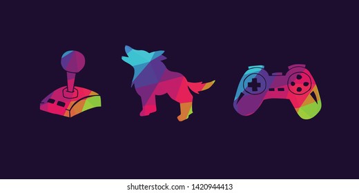 Vector Illustration of Rainbow Polygon Set Collection of Gaming Controller and Wolf Animal Icons. Graphic Design For Background, Poster, Card, Wallpaper, Decoration, Template, Logo and More.