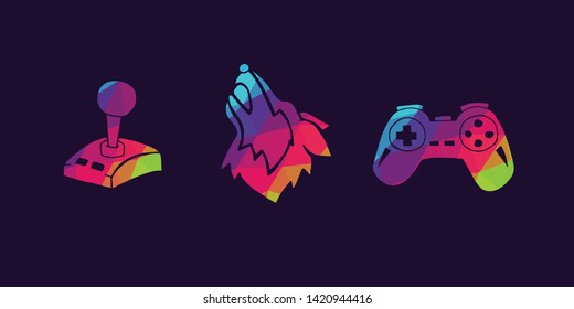 Vector Illustration of Rainbow Polygon Set Collection of Gaming Controller and Wolf Animal Icons. Graphic Design For Background, Poster, Card, Wallpaper, Decoration, Template, Logo and More.