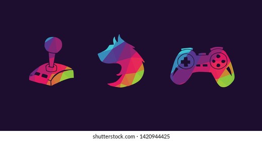 Vector Illustration of Rainbow Polygon Set Collection of Gaming Controller and Wolf Animal Icons. Graphic Design For Background, Poster, Card, Wallpaper, Decoration, Template, Logo and More.