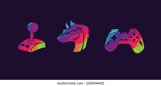 Vector Illustration of Rainbow Polygon Set Collection of Gaming Controller and Wolf Animal Icons. Graphic Design For Background, Poster, Card, Wallpaper, Decoration, Template, Logo and More.