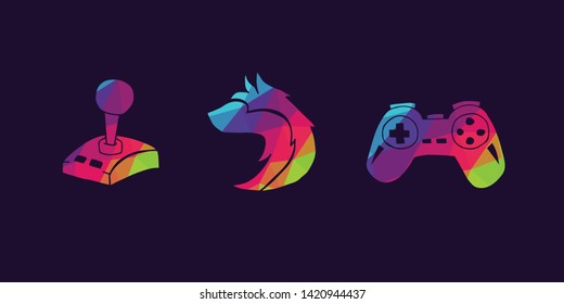 Vector Illustration of Rainbow Polygon Set Collection of Gaming Controller and Wolf Animal Icons. Graphic Design For Background, Poster, Card, Wallpaper, Decoration, Template, Logo and More.