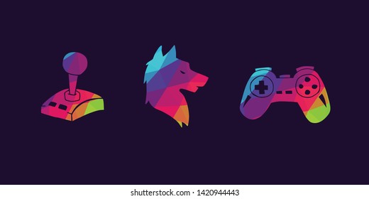 Vector Illustration of Rainbow Polygon Set Collection of Gaming Controller and Wolf Animal Icons. Graphic Design For Background, Poster, Card, Wallpaper, Decoration, Template, Logo and More.