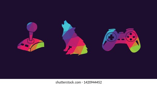 Vector Illustration of Rainbow Polygon Set Collection of Gaming Controller and Wolf Animal Icons. Graphic Design For Background, Poster, Card, Wallpaper, Decoration, Template, Logo and More.
