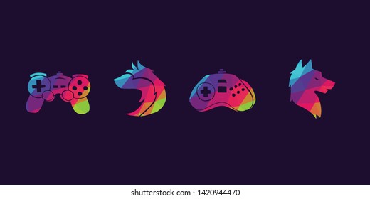 Vector Illustration of Rainbow Polygon Set Collection of Gaming Controller and Wolf Animal Icons. Graphic Design For Background, Poster, Card, Wallpaper, Decoration, Template, Logo and More.