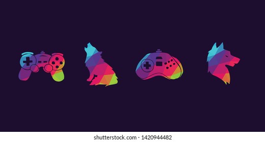 Vector Illustration of Rainbow Polygon Set Collection of Gaming Controller and Wolf Animal Icons. Graphic Design For Background, Poster, Card, Wallpaper, Decoration, Template, Logo and More.